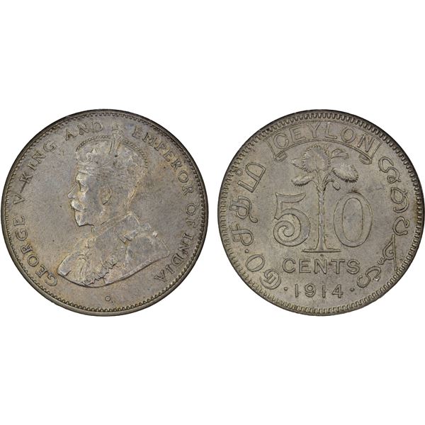 CEYLON: George V, 1910-1936, AR 50 cents, 1914, NGC MS64