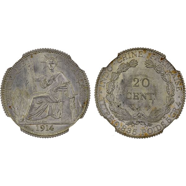 FRENCH INDOCHINA: French Colony, AR 20 centimes, Paris, 1914-A, NGC MS64