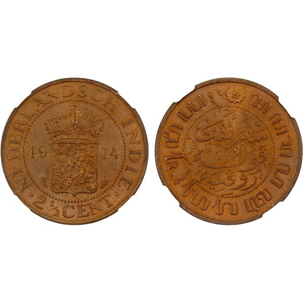 NETHERLANDS EAST INDIES: Dutch Colony, AE 2½ cents, Utrecht, 1914, NGC MS65 RD