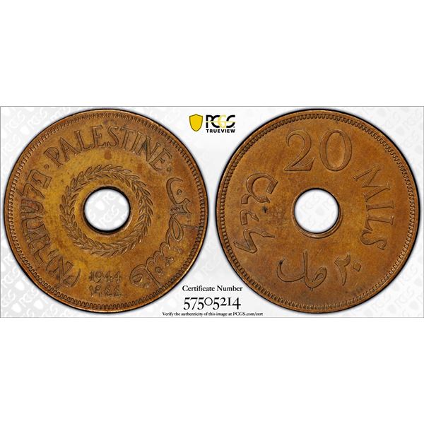 PALESTINE: British Mandate, AE 20 mils, 1944, PCGS MS62 BN
