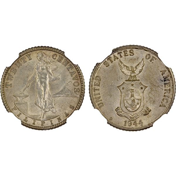 PHILIPPINES: U. S. Commonwealth, AR 20 centavos, 1944-D/S, NGC MS63