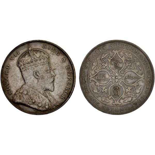 STRAITS SETTLEMENTS: Edward VII, 1901-1910, AR dollar, 1907, XF