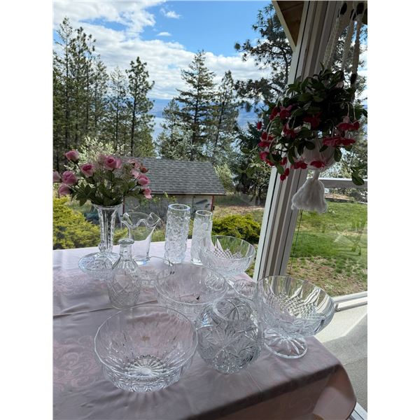 Assorted vases, bowls, crystal bowls, artificial hanging plant