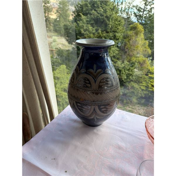 vintage French salt-glazed stoneware vase signed 15 1/2 inches tall