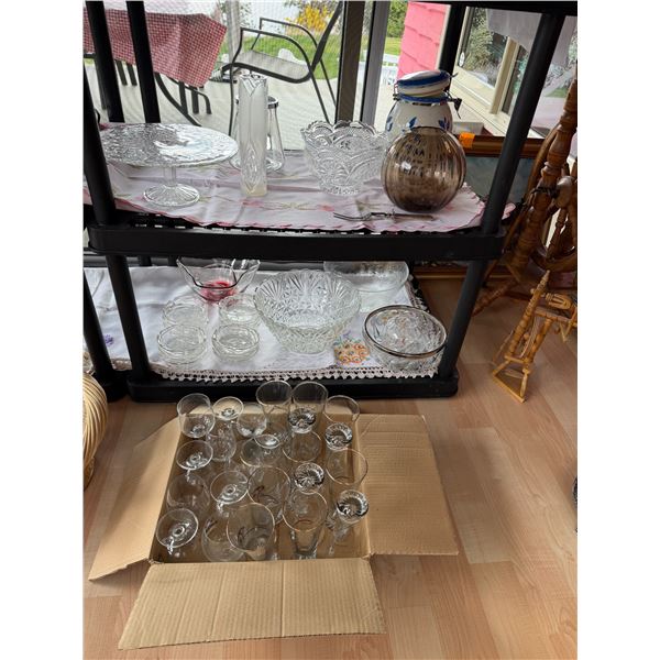 Cake plate, vases, serving dishes, and glassware