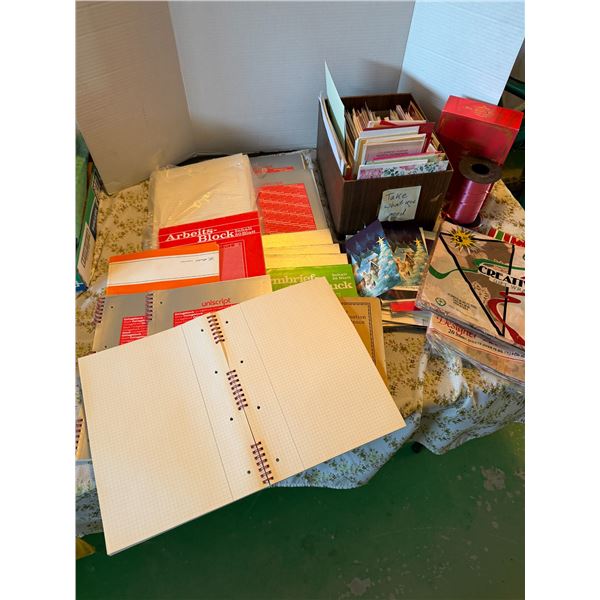 Stationary cards, ribbon, gift wrap