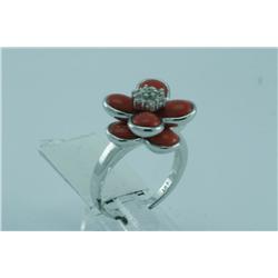 Genuine Diamond & Treated Coral Ring 18K Gold