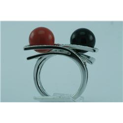 Genuine Diamond & Treated Coral Ring 14K Gold