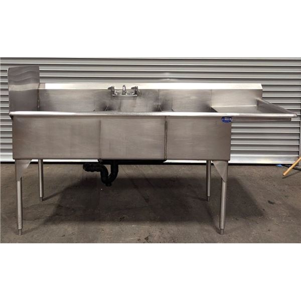 78" Stainless Steel 3 Tub Sink W/Right Drain Board & Faucet