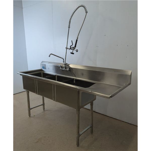 Thorinox 18" x 18" x 11" Three Tub Sink W/Right Drain Board & Pre-Rinse