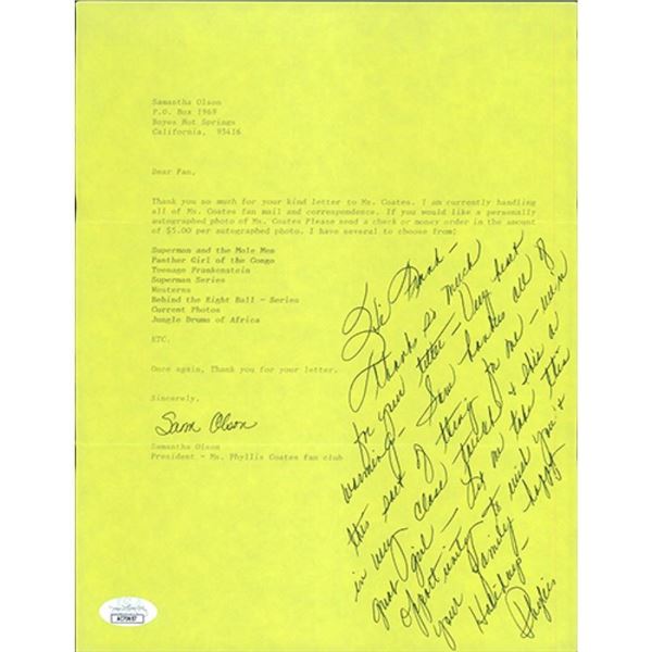 Adventures Of Superman Phyllis Coates Signed 8.5x11 Request Letter Page JSA Authenticated