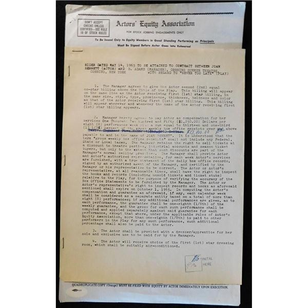 Joan Bennett Actress Signed Typed Never Too Late Contract JSA Authenticated