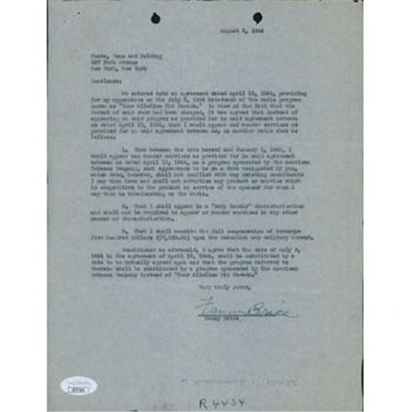 Ziegfeld Follies Fanny Brice Signed Typed Contract Your All-Time Hit Parade JSA Authentic