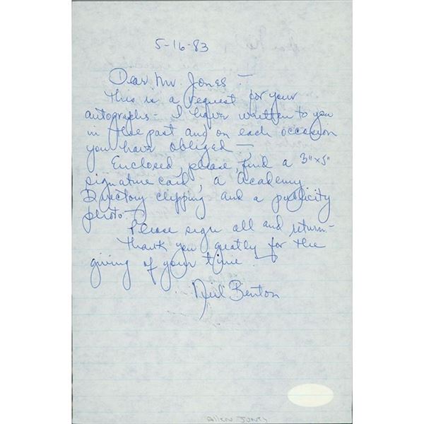 Marx Brothers Actor Allan Jones Signed 6x9 Hand Written Letter JSA Authenticated