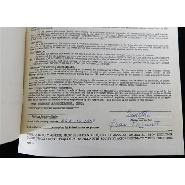 Never Too Late Joan Bennett Signed Typed Never Too Late Contract JSA Authenticated