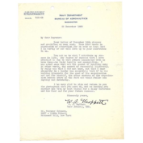 William Adgar Moffett Signed Letter