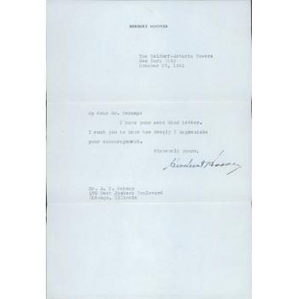 President Herbert Hoover Signed Typed Personal Letter JSA Authenticated