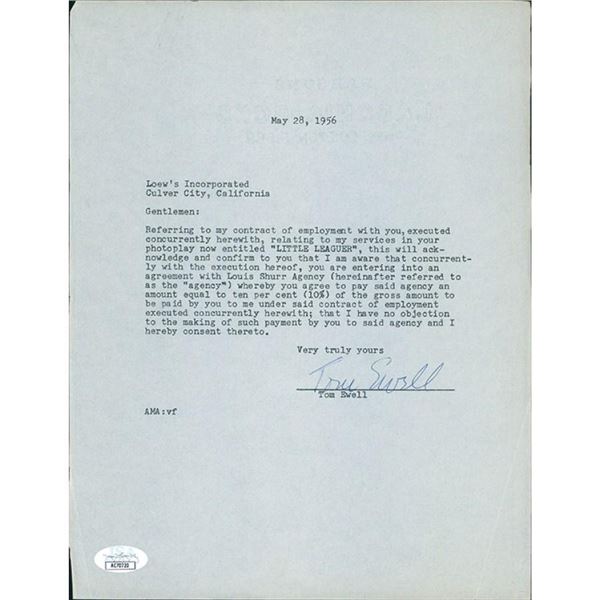 The Seven Year Itch Tom Ewell Signed 8.5x11 Typed Letter JSA Authenticated