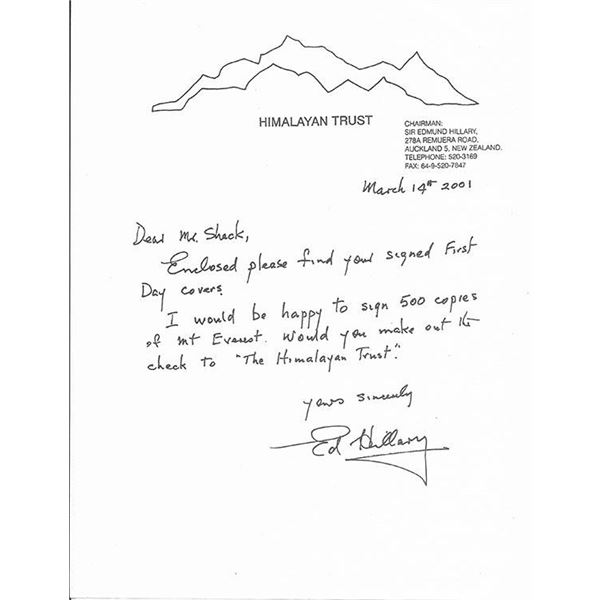 1st Mount Everest Climber Sir Edmund Hillary Signed Letter