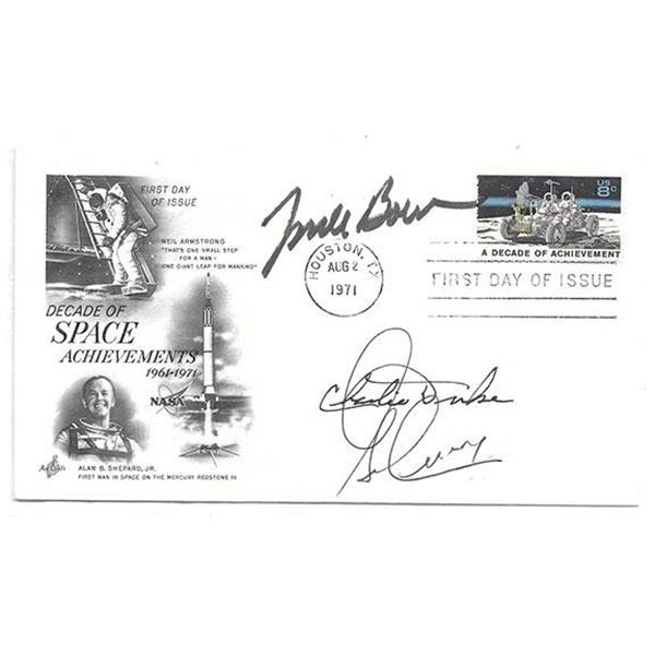 Astronaut Frank Borman, Charlie Duke and Gene Cernan signed space cover