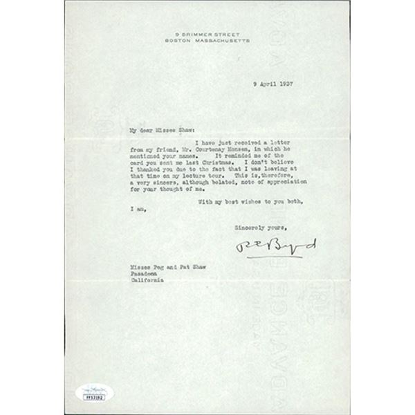 Polar Explorer Richard Byrd Signed Typed Letter Stationery JSA Authenticated