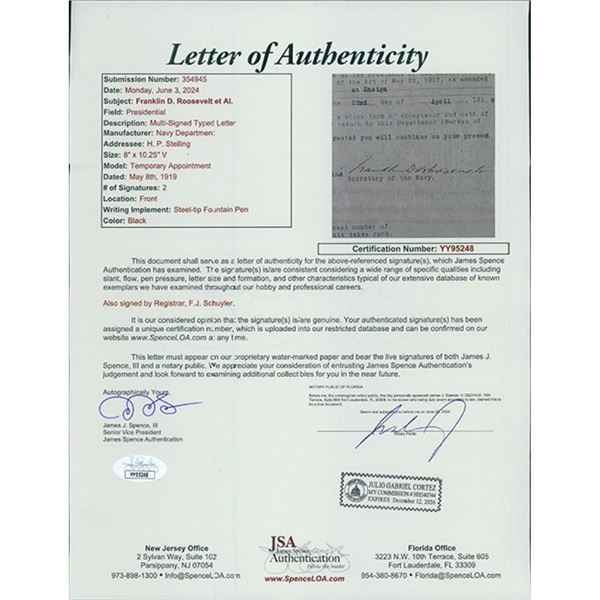 President Franklin D. Roosevelt Signed Typed 1919 Navy Department Letter JSA Authenticated