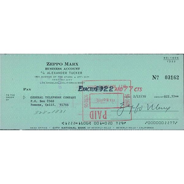 Marx Brothers Zeppo Marx Signed Original Vintage Green Bank Check JSA Authenticated