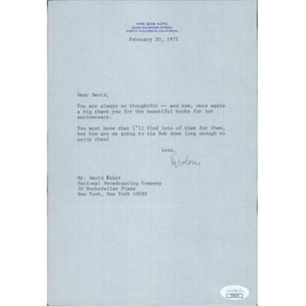 Dolores Mrs Bob Hope Signed 7x10.5 Typed Note To David Tebet JSA Authenticated