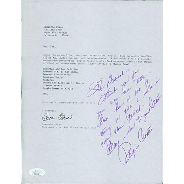 Adventures Of Superman Phyllis Coates Signed Request Letter JSA Authenticated