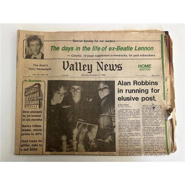 Valley News 1980 newspaper announcing John Lennon's death