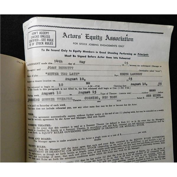 Little WomenJoan Bennett Signed Typed Never Too Late Contract JSA Authenticated