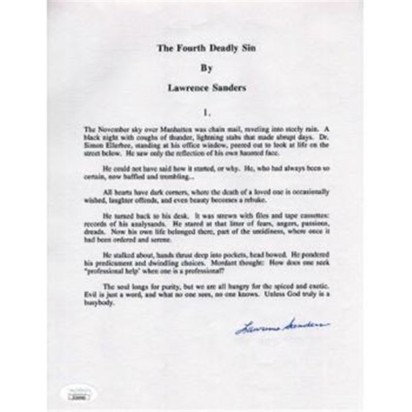 The Fourth Deadly Sin Lawrence Sanders Signed Souvenir Typescript JSA Auth.