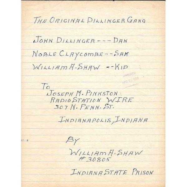 John Dillinger Gang Member William A. Shaw Signed manuscript