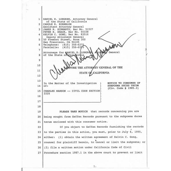 Cult Leader Charles Manson  Signed Document