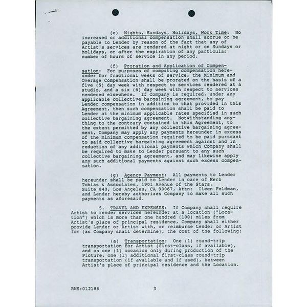 The Wild Bunch Ben Johnson Signed Typed Artist Loanout Agreement Contract JSA Authenticated