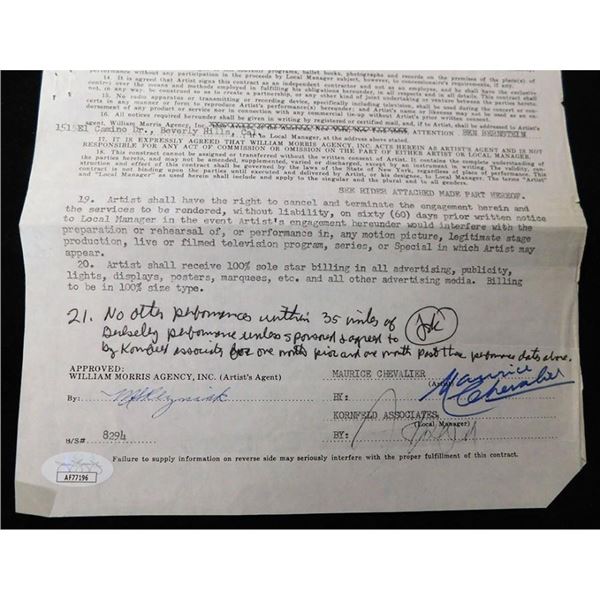 The Merry Widow Maurice Chevalier Signed Typed William Morris Agency Contract JSA Authenticated