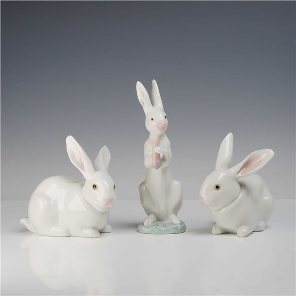 3pc Lladro Porcelain Rabbit Figurines, Snack Time and Attentive Bunny
