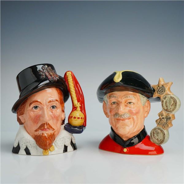 2pc Royal Doulton Large Character Jugs, King James I & Chelsea Pensioner