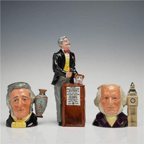 3pc Royal Doulton Figurine and Character Jugs, The Auctioneer, Sir Henry Doulton, and John Doulton