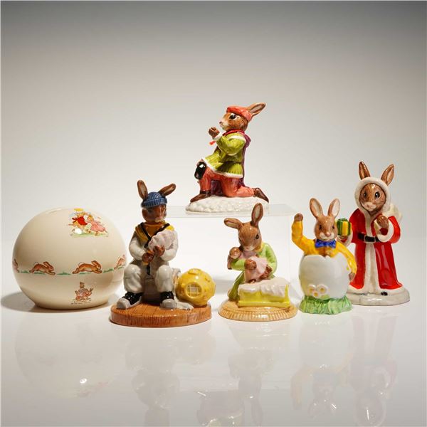 A Collection of Six Royal Doulton Bunnykins Ceramic Figurines and Money Box