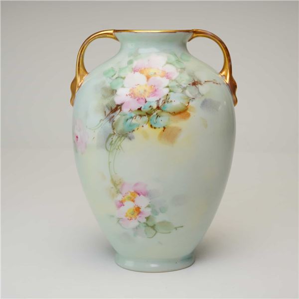 E. Gorman Hand-Painted Pink Blossom Porcelain Double Handled Vase