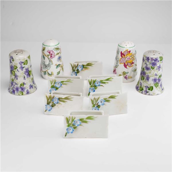 10pc Assorted Japanese & English Porcelain Floral Place Card Holders and Shakers, Including Lefton a