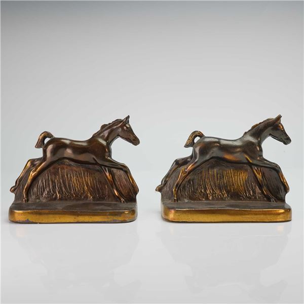 Pair of Bronzed Metal Running Colt Horse Bookends, Signed