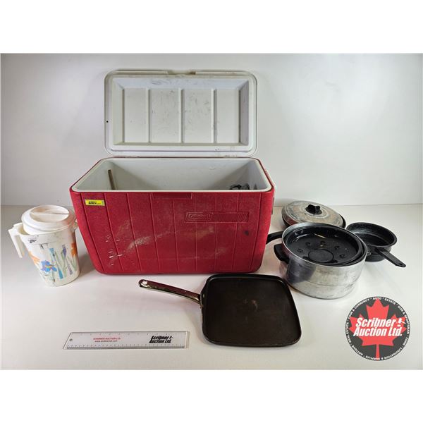 Coleman Cooler with Contents (Pots, Pans and Utensils) (Measures : 14"H x 24"W x 14"D)