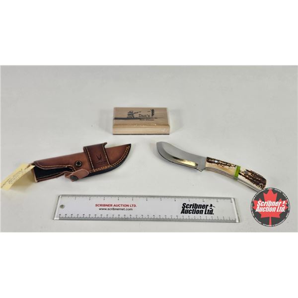 Combo (2) : - Knife (Consignor Tag - Stainless 440 Steel Skinner Bone Handle) w/ Leather Sheath (Tot