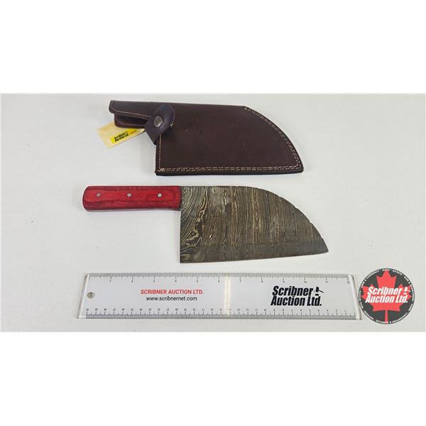 Knife & Leather Sheath :  (Consignor Tag - Heavy Damascus Cleaver Laminate Handle) (Total Length : 1
