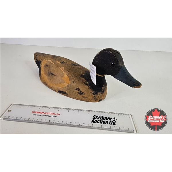 Wooden Duck Decoy  (Consignor Tag - Black Duck Working Decoy Glass Eyes 1930's) (Measures : 6"H x 6"