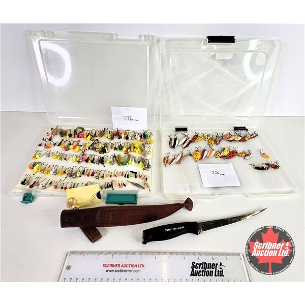 Fishing Combo: - Small Spoons in Plastic Case (33) - Jigs in Plastic Case (176) - Normark Filleting 