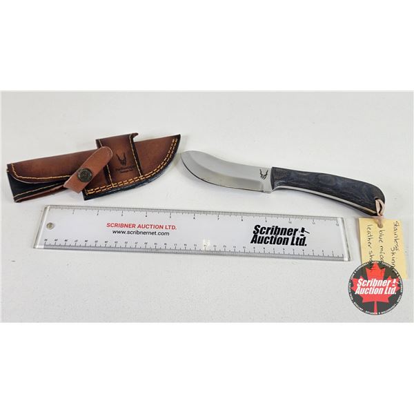 Knife w/Leather Sheath  (Consignor Tag - Stainless Skinner Blue Micarta Leather Sheath) (Total Lengt