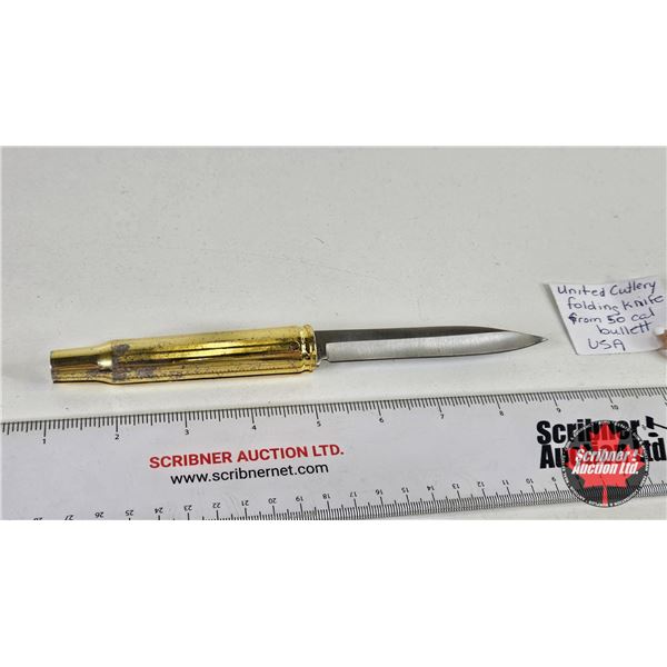 Knife: United Cutlery 50 cal Bullet Folding Knife  (Total Length of Knife Unfolded : 8-1/4")
